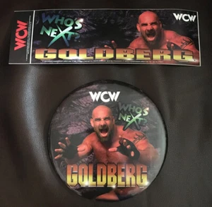Wcw 1998 Goldberg Pin Pinback Whos Next Button With Bumper Sticker - Picture 1 of 9