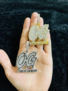 14k Gold Finish OG Original Gangster Simulated Diamond Pendant w/ Rope Chain - Picture 1 of 3