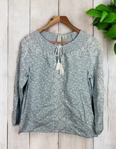 JOIE S Embroidered Floral Long Sleeve Bohemian Top Women's Blue White Boho Small - Picture 1 of 13
