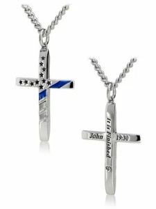 Men's Tapered Flag Cross with Thin Blue Line Necklace - John 19:30 - Picture 1 of 4