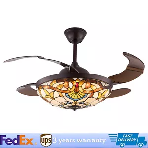 Tiffany Ceiling Fan Light Stained Glass Shade LED Retractable Lamp Chandelier - Picture 1 of 9