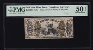 US 50c Fractional Currency Justice wide Surcharge w/ '1' FR 1368 PMG 50EPQ (05) - Picture 1 of 2