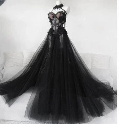 Black Gothic Lace Wedding Dresses Fairy Tulle Forest Bridal Gowns Applique - Image 1 of 4