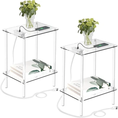 Acrylic Side Table Set of 2 with Charging Station & USB Ports - Small End Table - Image 1 of 4