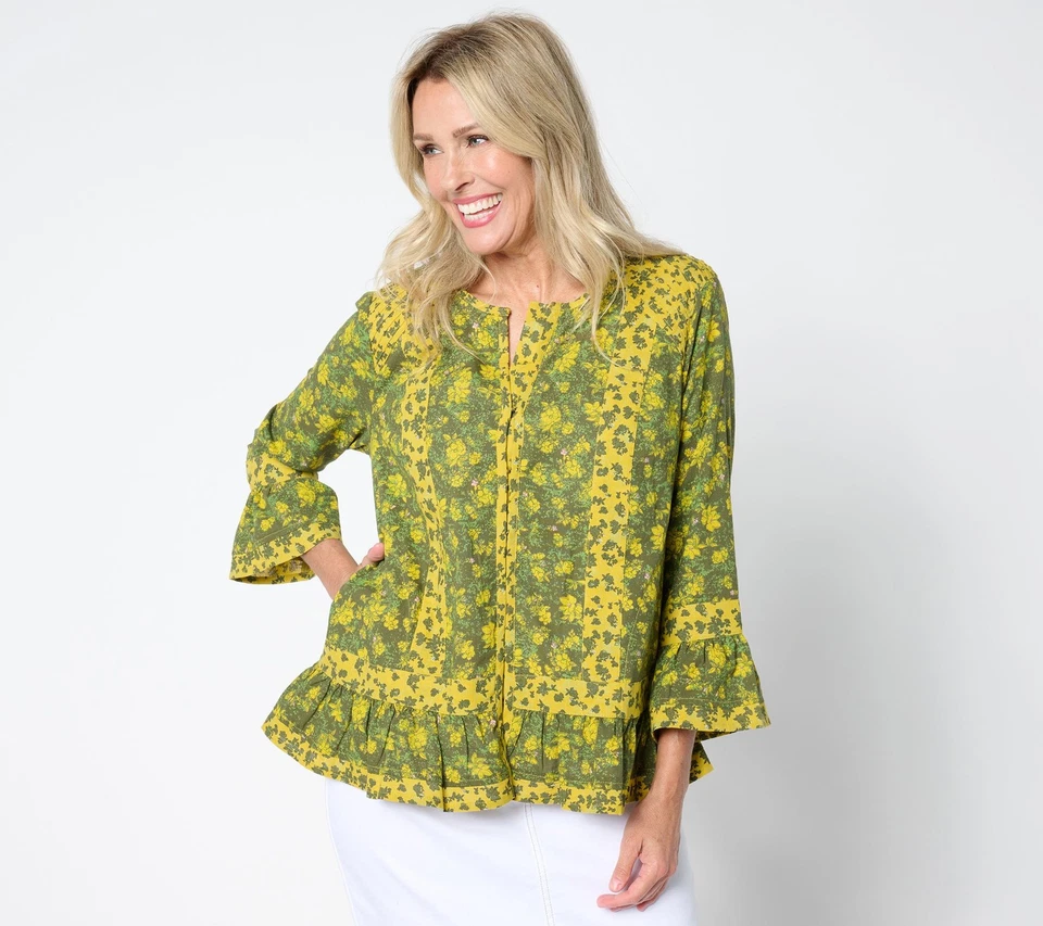 LOGO by Lori Goldstein 3/4 Sleeve Crew Neck Bed Jacket Green Combo S New - Image 1 of 1