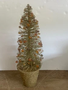 Vintage Metal Christmas Tree Gold Bronze Glitter Base, Gold & Brown Jewels 17” - Picture 1 of 3