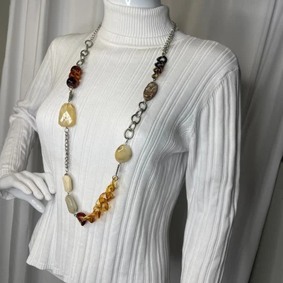 Chico's silver tone beaded necklace signed costume jewelry yellow red resin - Image 1 of 4