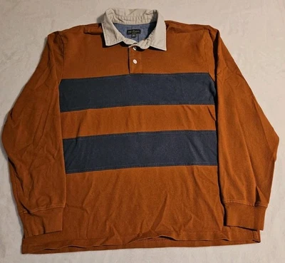 LL Bean Signature Rugby Polo Shirt Men XL Long Sleeve Striped Colorblock Orange - Image 1 of 4