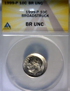 1999 ANACS ERROR HUGE Broad Struck Roosevelt Dime CH BU Coin Bd Strike .05 SIZE - Picture 1 of 4