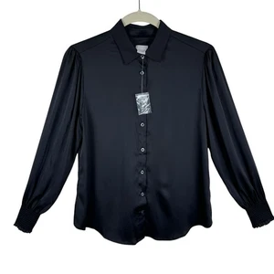 Chico's Neu ohne Etikett schwarz Satin Kragen Langarm leichte Knopfleiste Bluse XS 2 - Bild 1 von 6