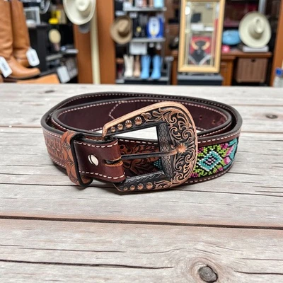 Cinturón de cuero Western Cowgirl con cuentas de semillas para mujer talla grande viga T rancho Foto 1 de 4