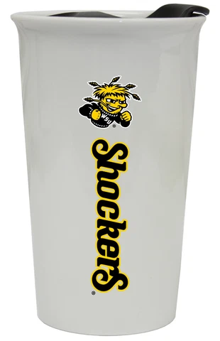 WSU SHOCKERS 12OZ CERAMIC TUMBLER-WICHITA STATE UNIVERSITY TRAVEL MUG w/ LID Cover