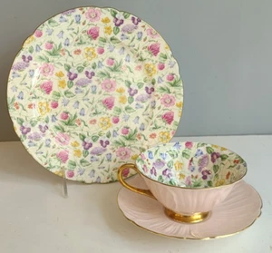 SHELLEY COUNTRY CHINTZ OLEANDERTASSE MIT FUSS, UNTERTASSE & 8" TELLER TRIO # 13700! - Bild 1 von 11