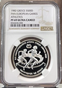1982 GREECE SILVER 500 DRACHMAI PAN EUROPEAN GAMES NGC PF 69 ULTRA CAMEO TOP POP - Picture 1 of 3