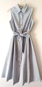 Anne Klein Seersucker Sleeveless Shirt Dress Blue White 10 Pockets Hamptons - Picture 1 of 16