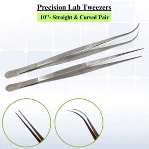 Microscope Lab Forceps Stainless Steel 10" STR + CRV Fine Serrated Tweezers-2Pcs - Picture 1 of 6