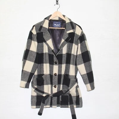 Sobretudo feminino vintage Woolrich com cinto de lã tamanho grande preto branco anos 90 - Imagem 1 de 4
