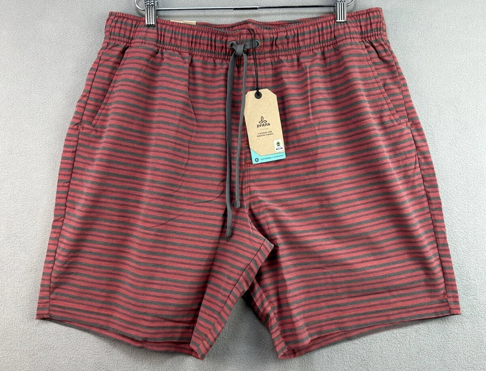 Prana Mens Metric E Waist Board Shorts Rust Stripe Size XXL 8" UPF 50