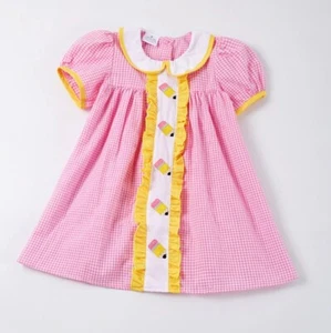 NEW Boutique Back to School Embroidered Pencil Pink Gingham Puff Sleeve Dress - Picture 1 of 7