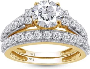 Engagement Bridal Ring Set 14K Gold Plated 925 Sterling Silver Simulated Diamond - Picture 1 of 12