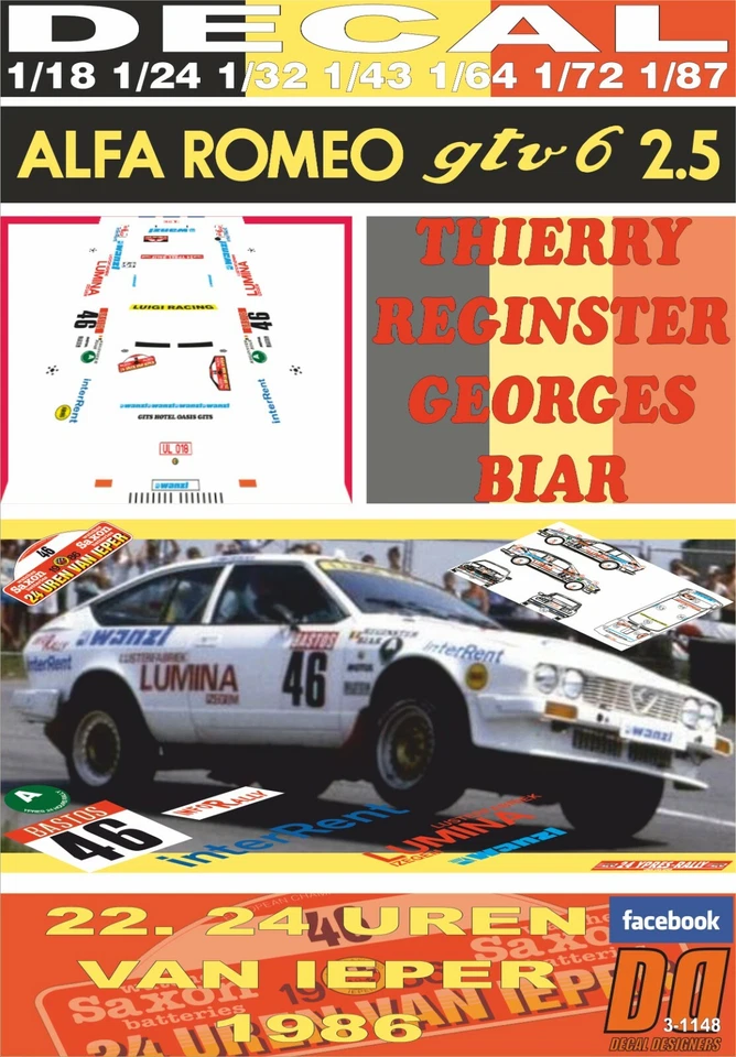 DECAL ALFA ROMEO ALFETTA GTV6 T.REGINSTER YPRES 24 HOURS R. 1986 DnF (09) - Image 1 of 1