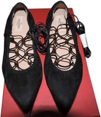 Zapato plano de ballet bailarina con cordones Valentino Rockstud negro punta puntiaguda bomba 37,5 Foto 1 de 4