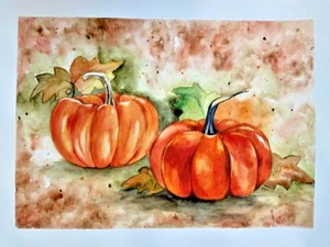 "Fall pumpkins"  Hand made Watercolor  16" x 12" on Arches ORIGINAL hand paint. - Picture 1 of 4