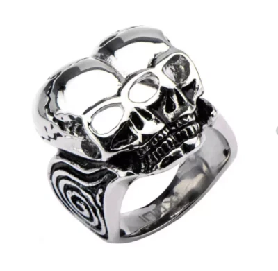 NEW INOX Jewelry Men's Stainless Steel Conjoined Skull Heads Ring Sizes: 9-13 - Image 1 of 4