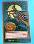 Vintage Halloween Postcard Witch Bats Cat JOL Red Lantern Accents in Glitter