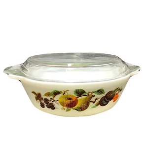 60s Vintage JAJ Crown Pyrex England Kent Orchard Fruit Milk Glass Casserole Dish - Bild 1 von 23