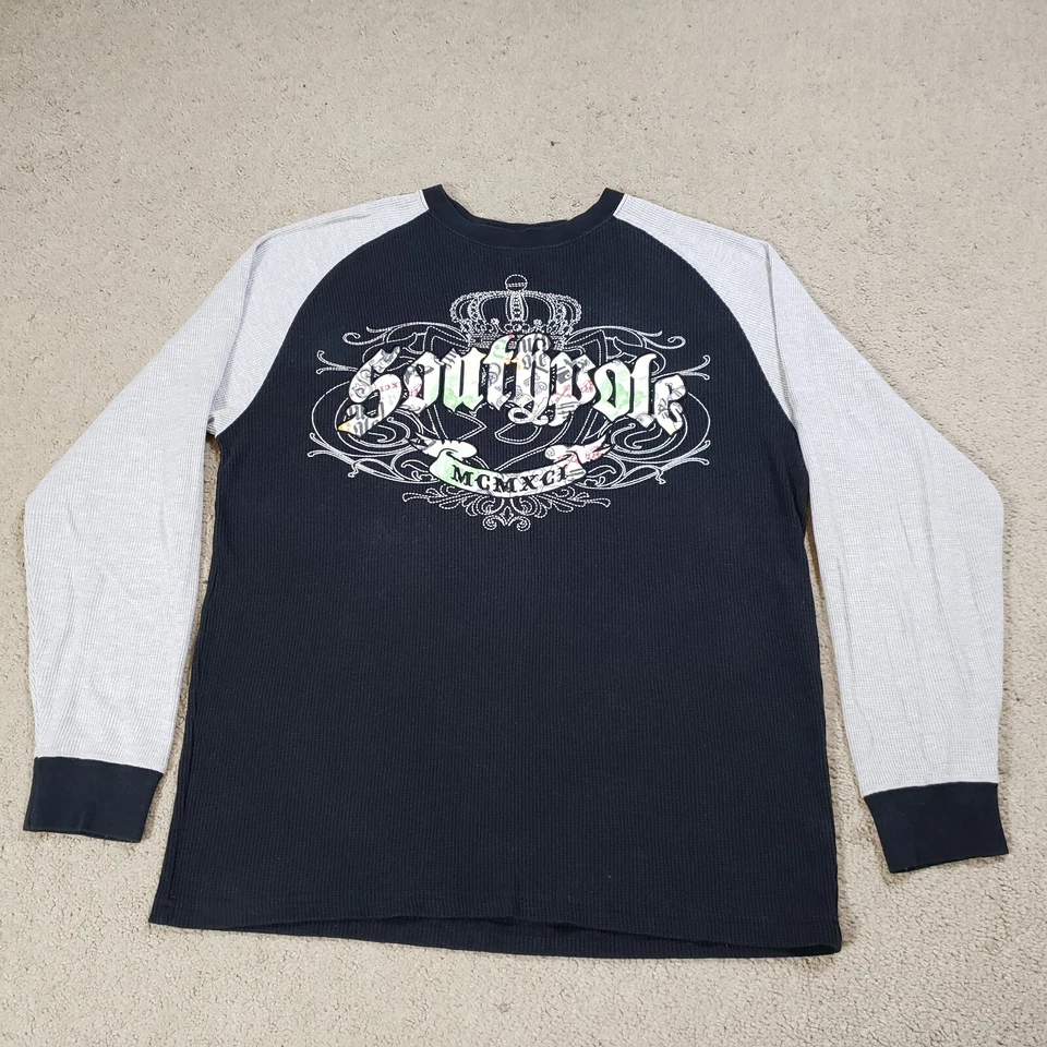 复古 Y2K Southpole 衬衫男式大号黑色灰色保暖古英语街头服饰 — 第 1/4 张图片