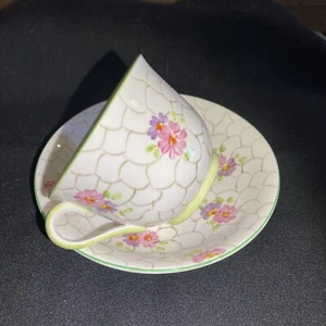 Phoenix T.F&S LTD Floral Bone China Cup and Saucer - Lime Green Honeycomb Pat - Picture 1 of 5