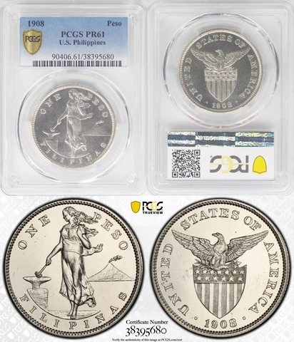 1908 US/Philippines Peso PROOF ~ PCGS PR61 ~ Allen#17.02 ~ 80% Silver ~ H93 Cover