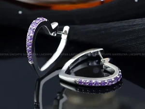 Round Simulated Amethyst Heart Shaped Small Huggie Hoops Earrings For Her s925 - Picture 1 of 4