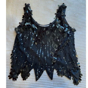 Vintage Oleg Cassini Whimsygoth Party Seide gefüttert Pailletten schwarz Taschentuchsaum Top L - Bild 1 von 13