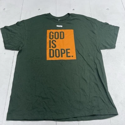 God Is Dope Dark Green Orange Graphic Cotton Short Sleeve T Shirt Mens Size XL - Image 1 of 4