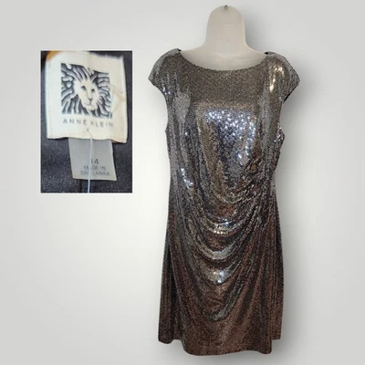Nwt Anne Klein Dress Silver/Black Sequin Cap Sleeve Ruched Sheath Size 14  - Image 1 of 4