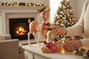 Holiday Time Christmas Reindeer Ceramic Retro Style Figures Set of 2 NWT - Picture 1 of 5