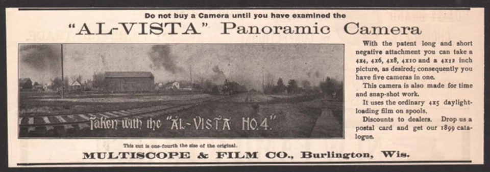 1899 Multiscope & Film Co. anuncio impreso Al-Vista cámara panorámica no. 4 Foto 1 de 1