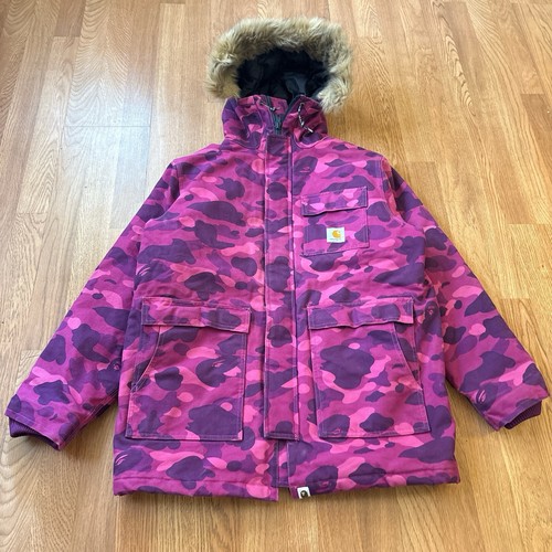 A BATHING APE (BAPE) Insane Rare Bape X Carhartt N3 b Parka Giacca con Cappuccio in Pelliccia Rimovibile Taglia M