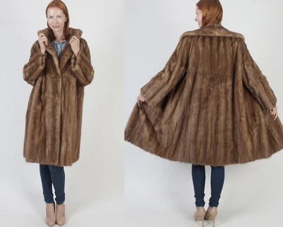 Vintage Mid Length Brown Mink Coat Real Fur Collar Womens Winter Swing Jacket L - Image 1 of 4