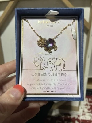 NIB Bella  Jack Elephant Pendant Necklace Gold Tone With Rhinestones 16 Inches - Image 1 of 4