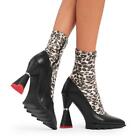 Lamoda Platform Ankle Boots Panthera Round Toe Flared Heels with Zip, Black/Leo
