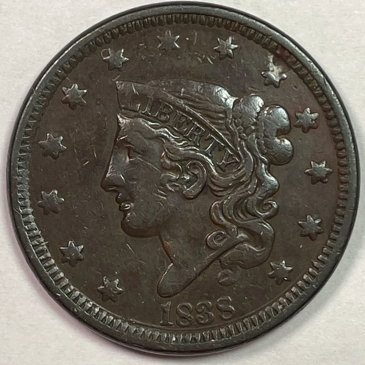 コロネットヘッドラージ セント銅貨 1838 1838 Coronet Large Cent BN