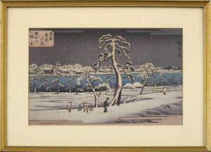 Copy of a woodblock print by Hiroshige Utagawa. Japanese winter scene