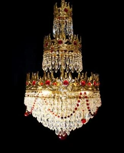 Vintage Italy 14"x 25" Red Crystal "Ring of Fire" 3 Light Chandelier Gold Frame - Picture 1 of 1