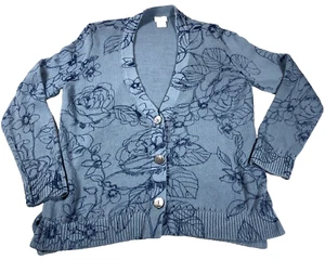 Chico's Womens Linen Blend Cardigan Sz 0 US S Blue Floral Button Up 3/4 Sleeves - Picture 1 of 12