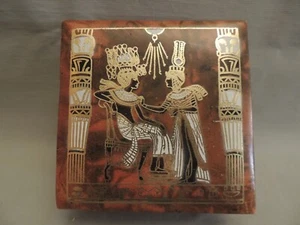 Vintage Ejyptian leather trinket box gold painted hinged lined inside - Picture 1 of 12
