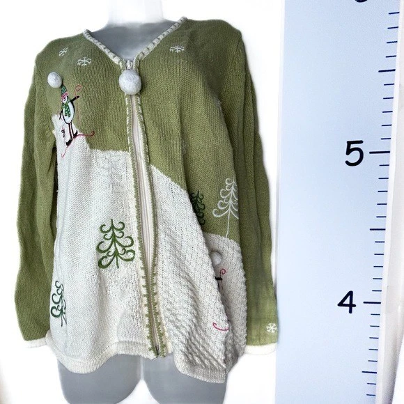 Christopher & Banks Muñecos de Nieve Verde Blanco Esquí Cremallera Completa Navidad Suéter Grande Foto 1 de 4