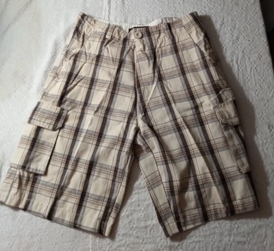 Bermuda cargo masculina TRUE ROCK bege marrom xadrez tamanho 32 vários bolsos mistura de algodão - Imagem 1 de 4